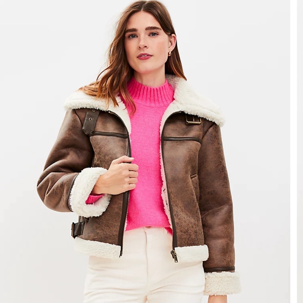 LOFT crackle Faux Suede Sherpa Aviator Jacket